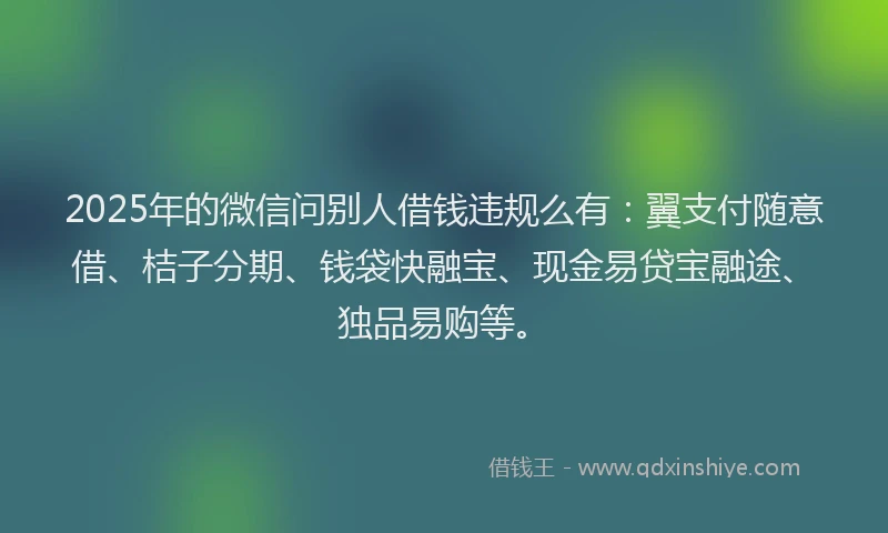 2025年的微信问别人借钱违规么有：翼支付随意借、桔子分期、钱袋快融宝、现金易贷宝融途、独品易购等。