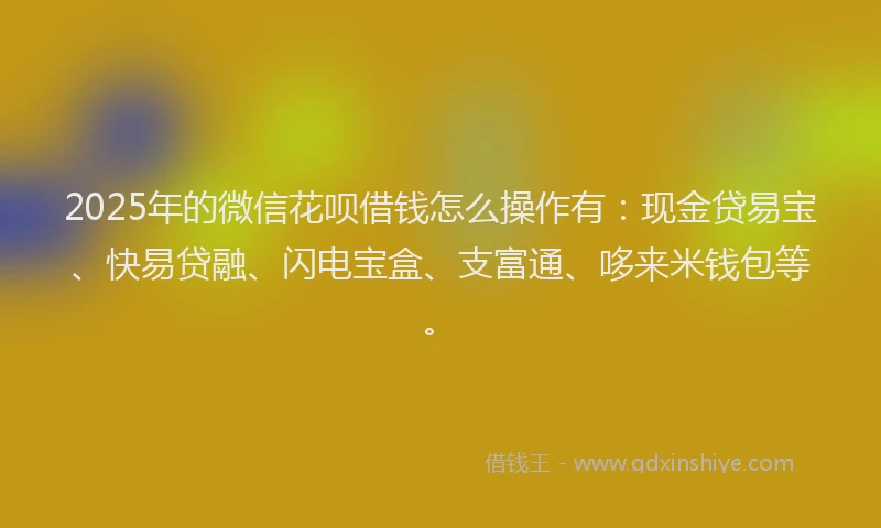 2025年的微信花呗借钱怎么操作有：现金贷易宝、快易贷融、闪电宝盒、支富通、哆来米钱包等。