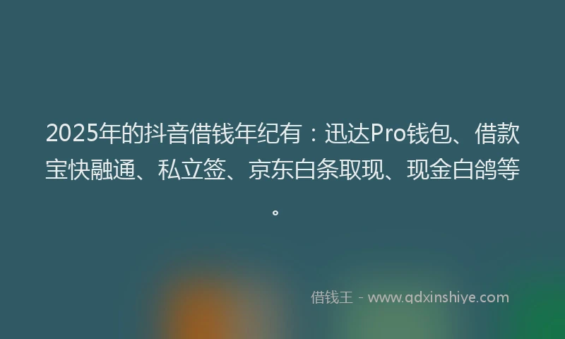 2025年的抖音借钱年纪有：迅达Pro钱包、借款宝快融通、私立签、京东白条取现、现金白鸽等。