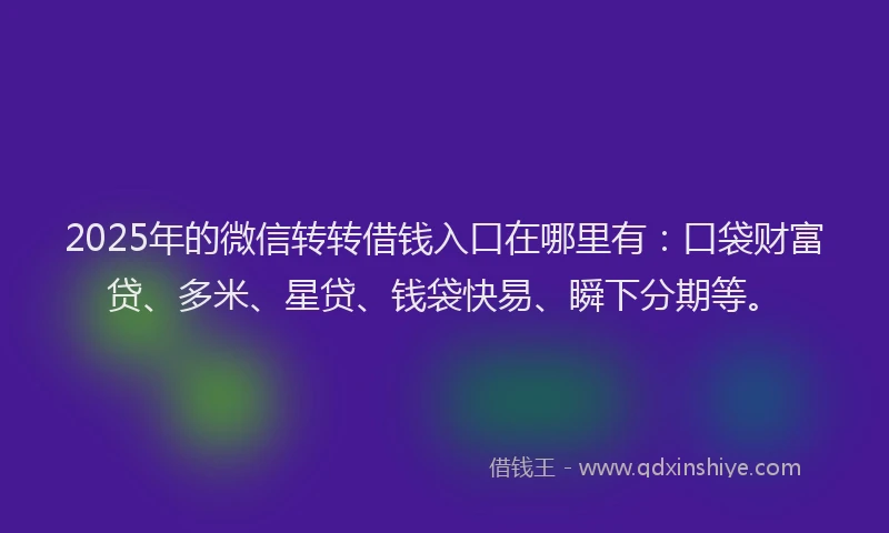 2025年的微信转转借钱入口在哪里有：口袋财富贷、多米、星贷、钱袋快易、瞬下分期等。