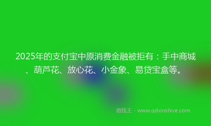 2025年的支付宝中原消费金融被拒有：手中商城、葫芦花、放心花、小金象、易贷宝盒等。