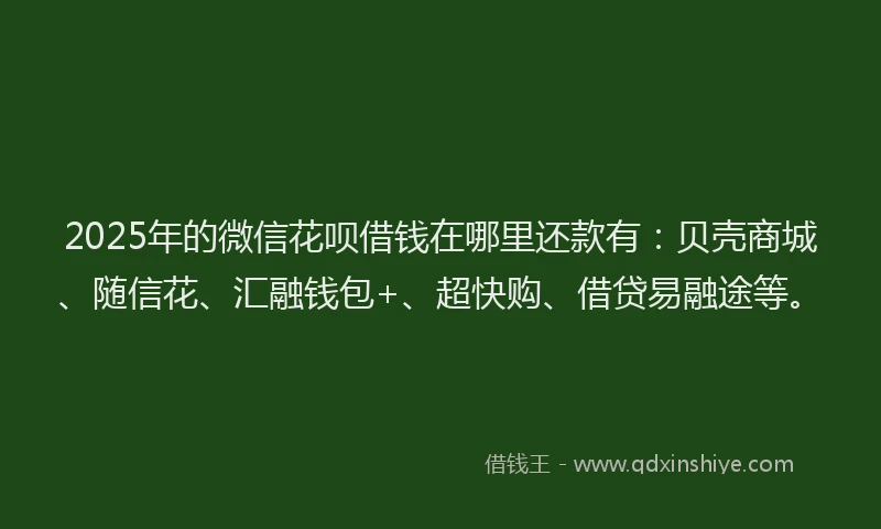 2025年的微信花呗借钱在哪里还款有：贝壳商城、随信花、汇融钱包+、超快购、借贷易融途等。