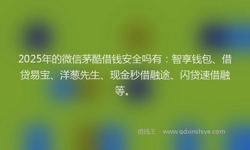 2025年的微信茅酷借钱安全吗有：智享钱包、借贷易宝、洋葱先生、现金秒借融途、闪贷速借融等。