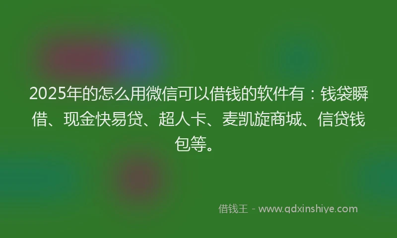 2025年的怎么用微信可以借钱的软件有：钱袋瞬借、现金快易贷、超人卡、麦凯旋商城、信贷钱包等。