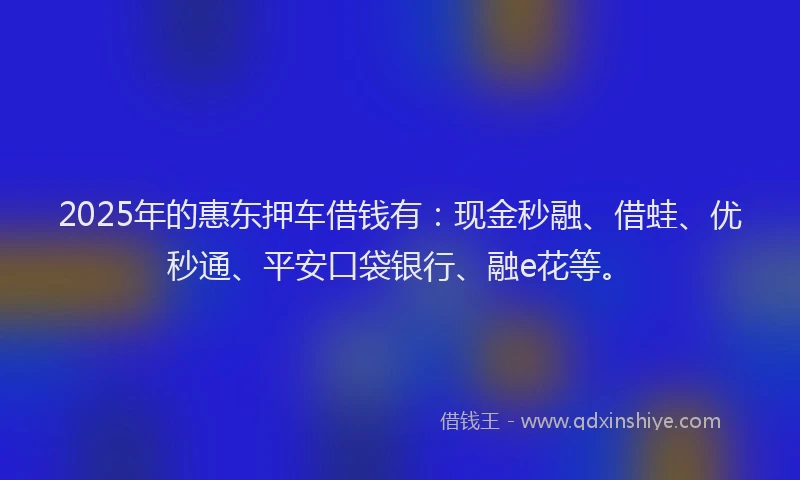 2025年的惠东押车借钱有：现金秒融、借蛙、优秒通、平安口袋银行、融e花等。