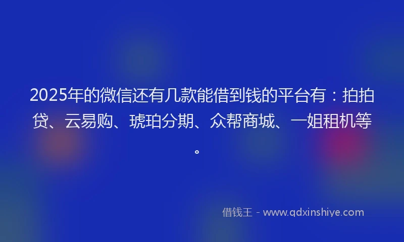 2025年的微信还有几款能借到钱的平台有：拍拍贷、云易购、琥珀分期、众帮商城、一姐租机等。