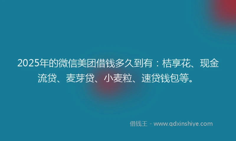 2025年的微信美团借钱多久到有：桔享花、现金流贷、麦芽贷、小麦粒、速贷钱包等。