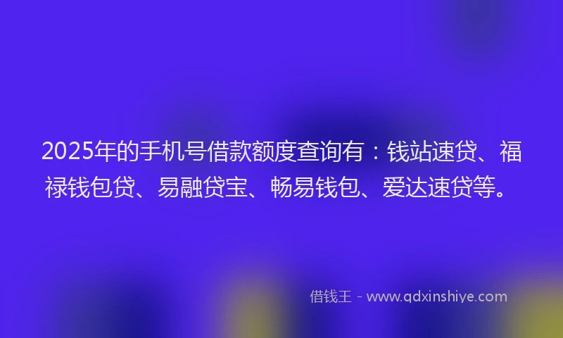 2025年的手机号借款额度查询有：钱站速贷、福禄钱包贷、易融贷宝、畅易钱包、爱达速贷等。