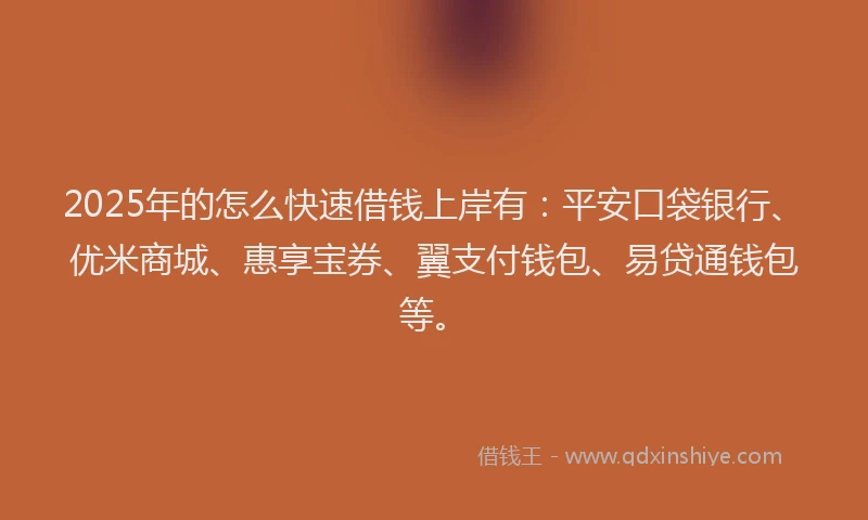 2025年的怎么快速借钱上岸有：平安口袋银行、优米商城、惠享宝券、翼支付钱包、易贷通钱包等。
