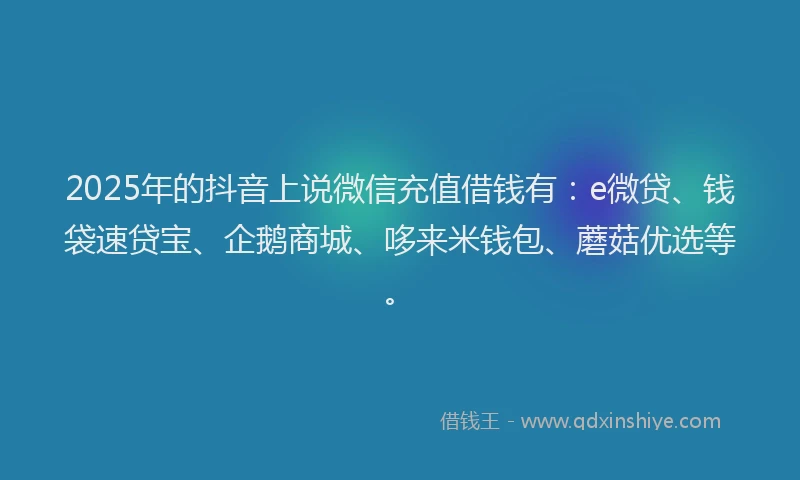 2025年的抖音上说微信充值借钱有：e微贷、钱袋速贷宝、企鹅商城、哆来米钱包、蘑菇优选等。