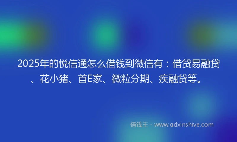2025年的悦信通怎么借钱到微信有：借贷易融贷、花小猪、首E家、微粒分期、疾融贷等。