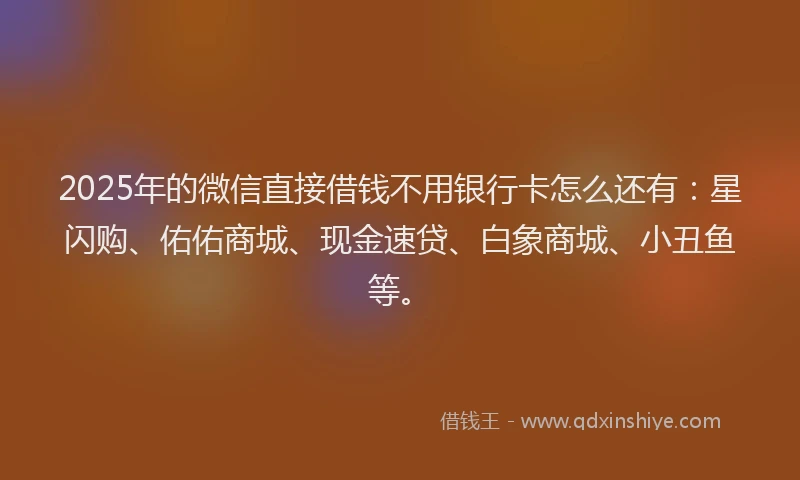 2025年的微信直接借钱不用银行卡怎么还有：星闪购、佑佑商城、现金速贷、白象商城、小丑鱼等。