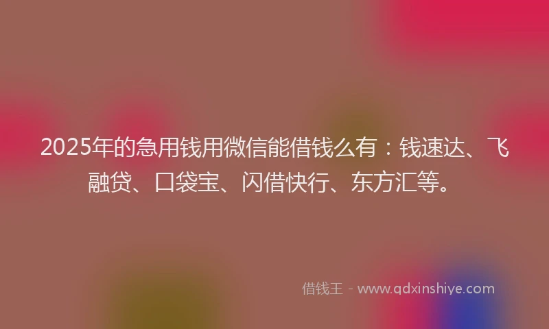 2025年的急用钱用微信能借钱么有：钱速达、飞融贷、口袋宝、闪借快行、东方汇等。
