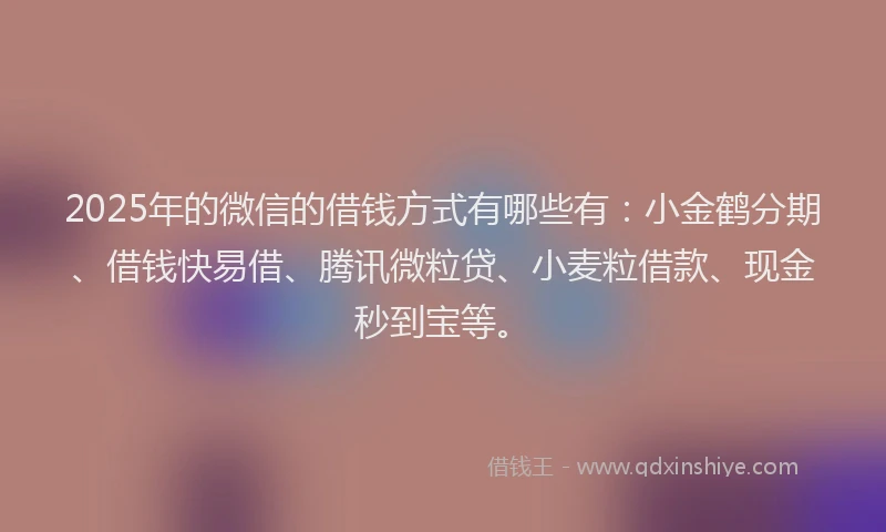 2025年的微信的借钱方式有哪些有：小金鹤分期、借钱快易借、腾讯微粒贷、小麦粒借款、现金秒到宝等。
