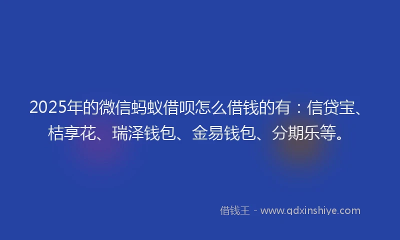 2025年的微信蚂蚁借呗怎么借钱的有：信贷宝、桔享花、瑞泽钱包、金易钱包、分期乐等。