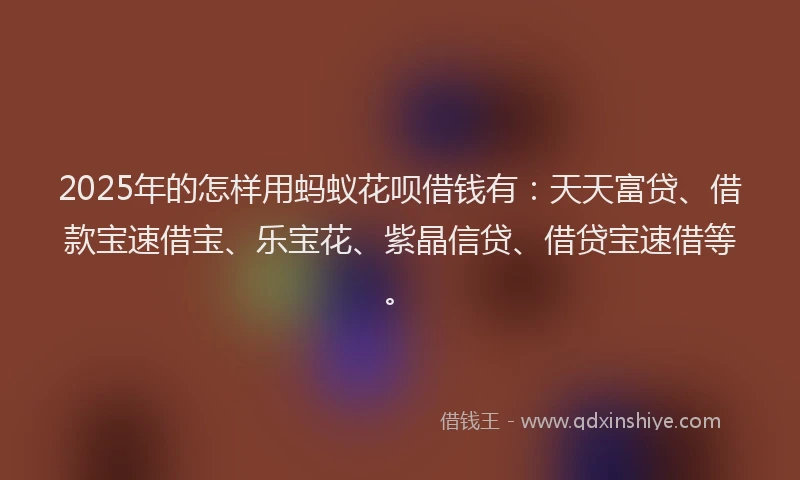 2025年的怎样用蚂蚁花呗借钱有：天天富贷、借款宝速借宝、乐宝花、紫晶信贷、借贷宝速借等。