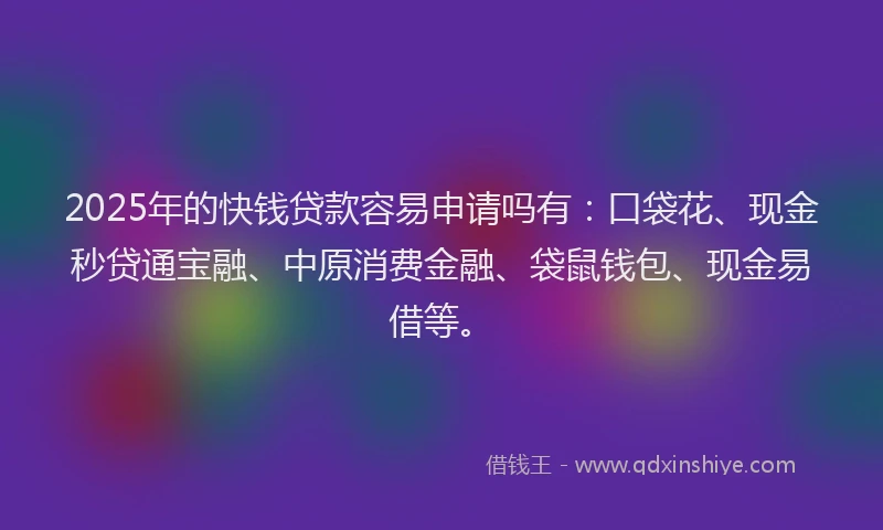 2025年的快钱贷款容易申请吗有：口袋花、现金秒贷通宝融、中原消费金融、袋鼠钱包、现金易借等。
