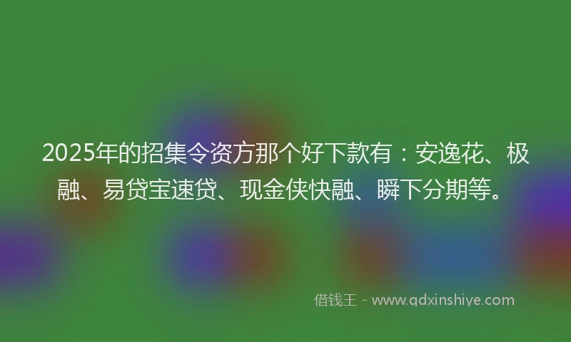 2025年的招集令资方那个好下款有：安逸花、极融、易贷宝速贷、现金侠快融、瞬下分期等。