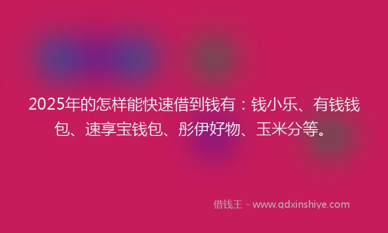 2025年的怎样能快速借到钱有：钱小乐、有钱钱包、速享宝钱包、彤伊好物、玉米分等。