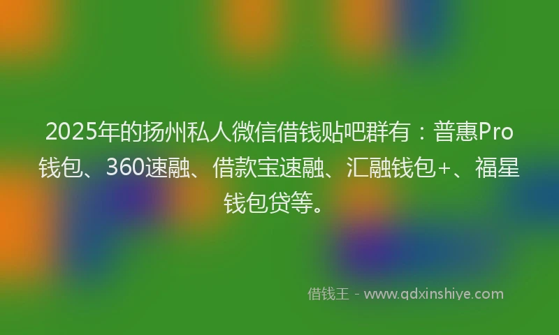 2025年的扬州私人微信借钱贴吧群有：普惠Pro钱包、360速融、借款宝速融、汇融钱包+、福星钱包贷等。