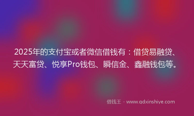 2025年的支付宝或者微信借钱有：借贷易融贷、天天富贷、悦享Pro钱包、瞬信金、鑫融钱包等。