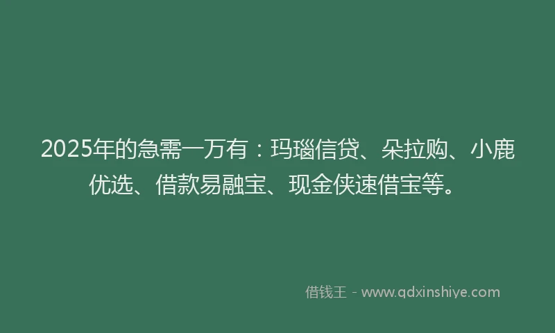 2025年的急需一万有：玛瑙信贷、朵拉购、小鹿优选、借款易融宝、现金侠速借宝等。