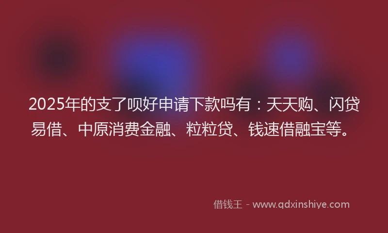 2025年的支了呗好申请下款吗有：天天购、闪贷易借、中原消费金融、粒粒贷、钱速借融宝等。