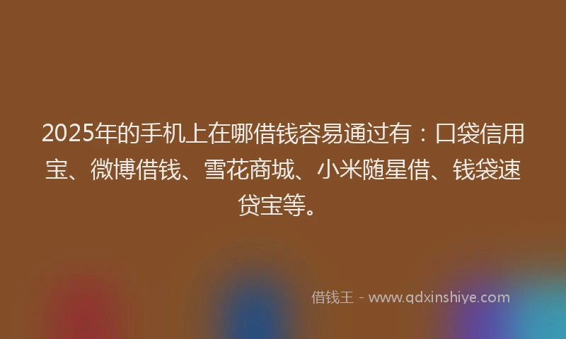 2025年的手机上在哪借钱容易通过有：口袋信用宝、微博借钱、雪花商城、小米随星借、钱袋速贷宝等。