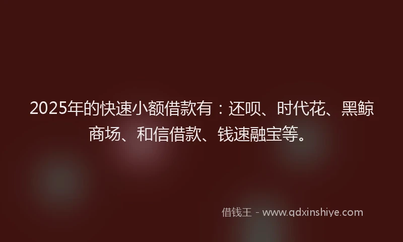 2025年的快速小额借款有：还呗、时代花、黑鲸商场、和信借款、钱速融宝等。