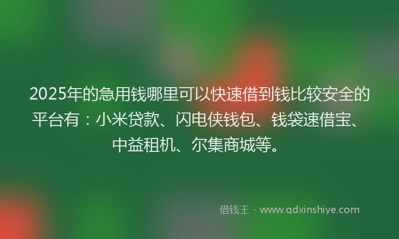2025年的急用钱哪里可以快速借到钱比较安全的平台有：小米贷款、闪电侠钱包、钱袋速借宝、中益租机、尔集商城等。