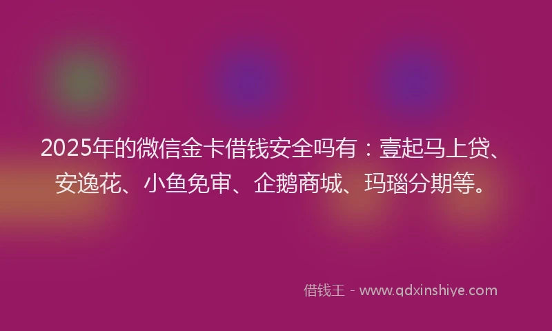 2025年的微信金卡借钱安全吗有：壹起马上贷、安逸花、小鱼免审、企鹅商城、玛瑙分期等。