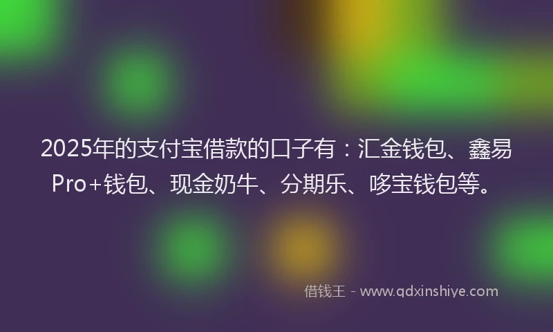 2025年的支付宝借款的口子有：汇金钱包、鑫易Pro+钱包、现金奶牛、分期乐、哆宝钱包等。