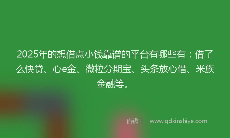 2025年的想借点小钱靠谱的平台有哪些有：借了么快贷、心e金、微粒分期宝、头条放心借、米族金融等。