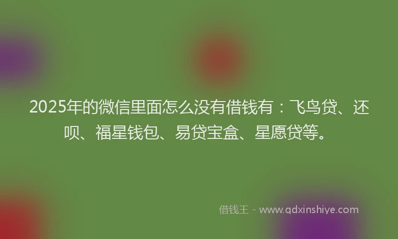 2025年的微信里面怎么没有借钱有：飞鸟贷、还呗、福星钱包、易贷宝盒、星愿贷等。