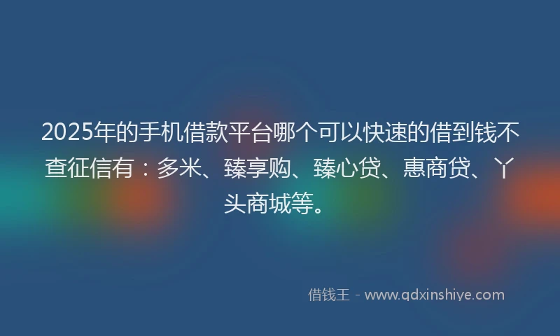 2025年的手机借款平台哪个可以快速的借到钱不查征信有：多米、臻享购、臻心贷、惠商贷、丫头商城等。