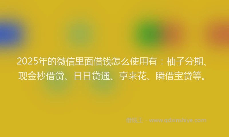 2025年的微信里面借钱怎么使用有：柚子分期、现金秒借贷、日日贷通、享来花、瞬借宝贷等。