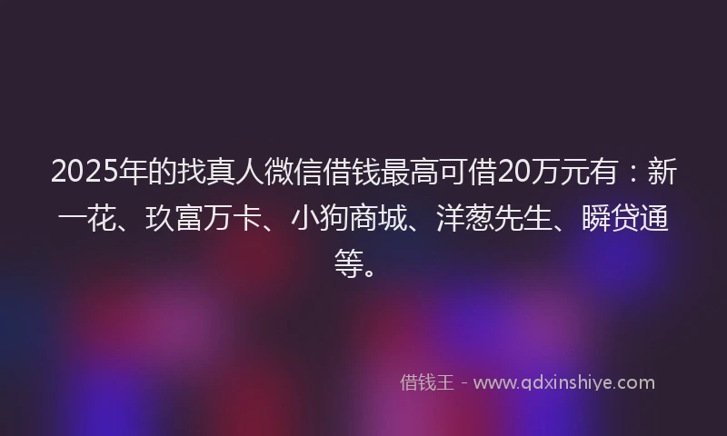 2025年的找真人微信借钱最高可借20万元有：新一花、玖富万卡、小狗商城、洋葱先生、瞬贷通等。