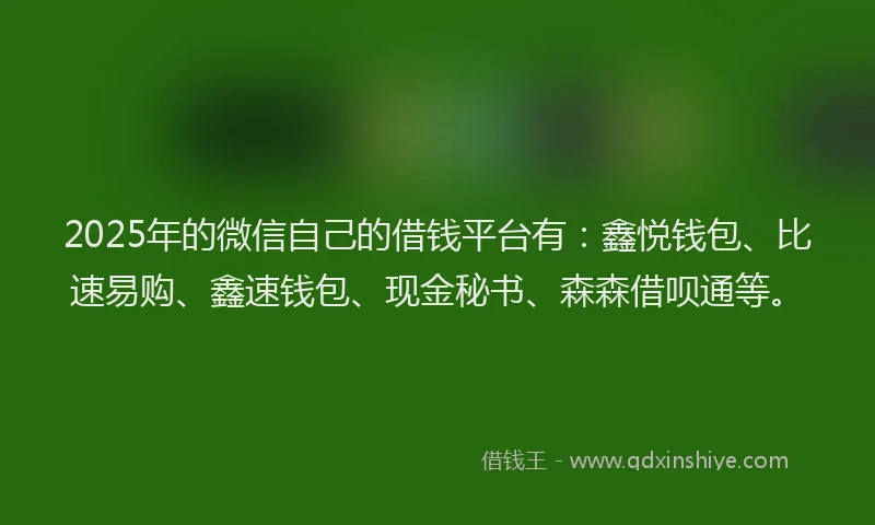 2025年的微信自己的借钱平台有：鑫悦钱包、比速易购、鑫速钱包、现金秘书、森森借呗通等。
