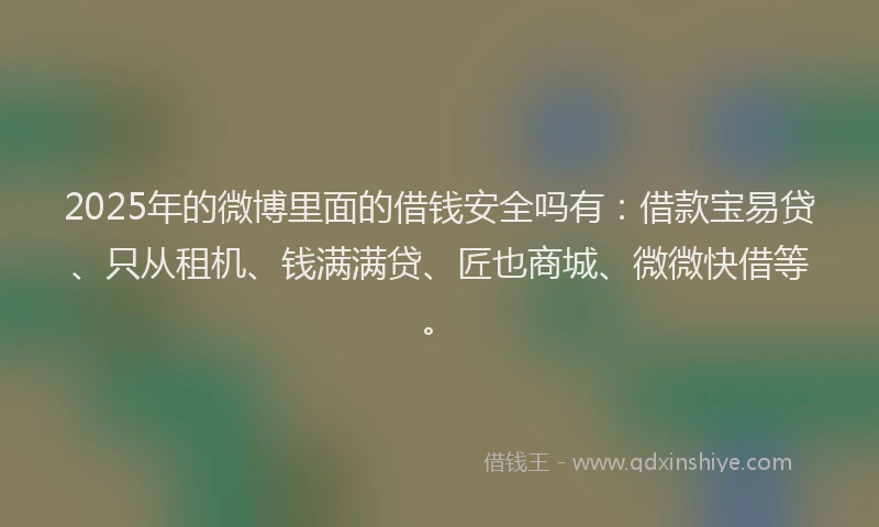 2025年的微博里面的借钱安全吗有：借款宝易贷、只从租机、钱满满贷、匠也商城、微微快借等。