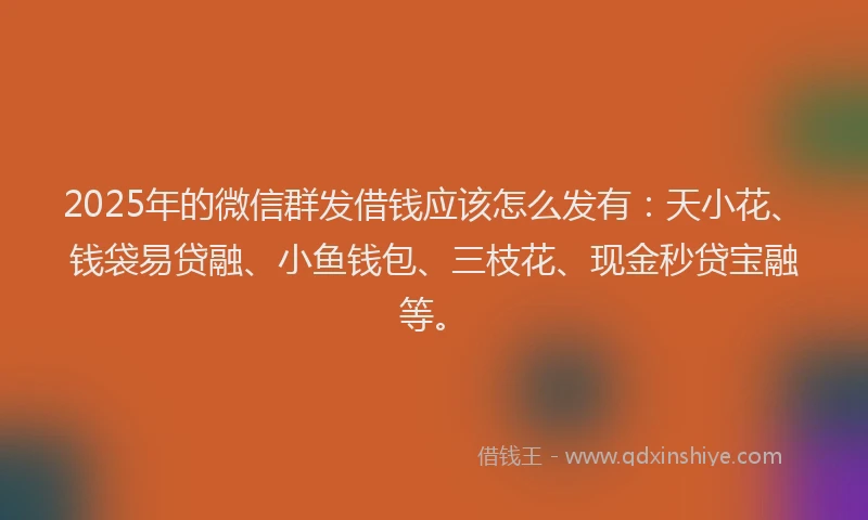 2025年的微信群发借钱应该怎么发有：天小花、钱袋易贷融、小鱼钱包、三枝花、现金秒贷宝融等。