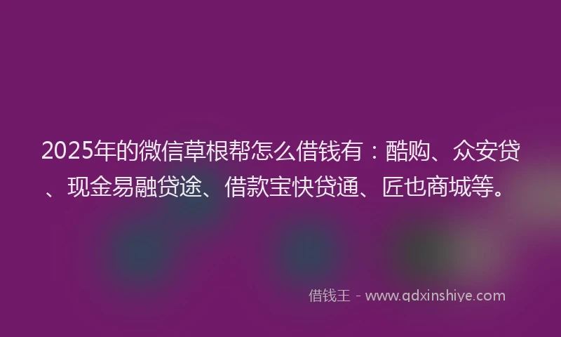 2025年的微信草根帮怎么借钱有：酷购、众安贷、现金易融贷途、借款宝快贷通、匠也商城等。