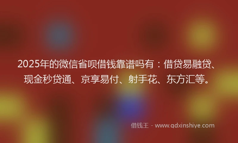 2025年的微信省呗借钱靠谱吗有：借贷易融贷、现金秒贷通、京享易付、射手花、东方汇等。