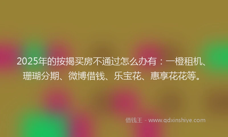 2025年的按揭买房不通过怎么办有：一橙租机、珊瑚分期、微博借钱、乐宝花、惠享花花等。