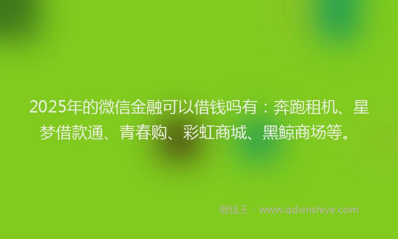 2025年的微信金融可以借钱吗有：奔跑租机、星梦借款通、青春购、彩虹商城、黑鲸商场等。
