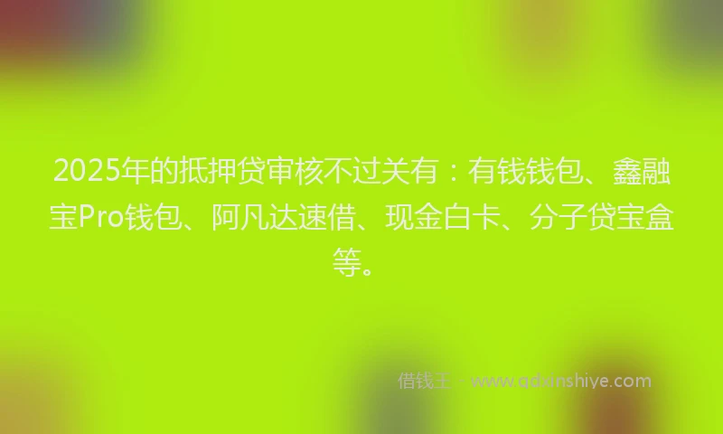 2025年的抵押贷审核不过关有：有钱钱包、鑫融宝Pro钱包、阿凡达速借、现金白卡、分子贷宝盒等。