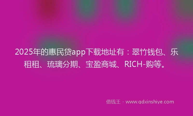 2025年的惠民贷app下载地址有：翠竹钱包、乐租租、琉璃分期、宝盈商城、RICH-购等。
