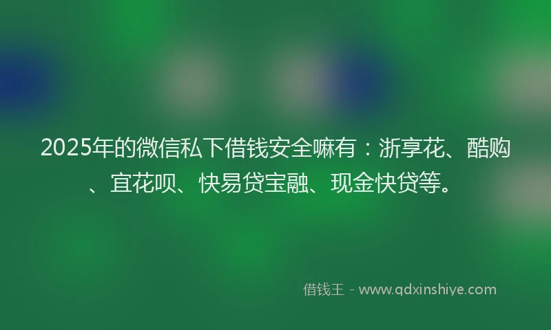 2025年的微信私下借钱安全嘛有：浙享花、酷购、宜花呗、快易贷宝融、现金快贷等。