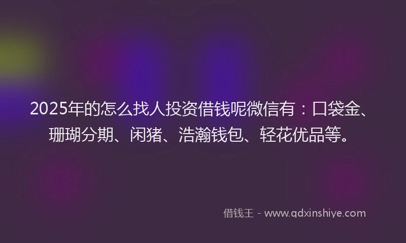 2025年的怎么找人投资借钱呢微信有：口袋金、珊瑚分期、闲猪、浩瀚钱包、轻花优品等。