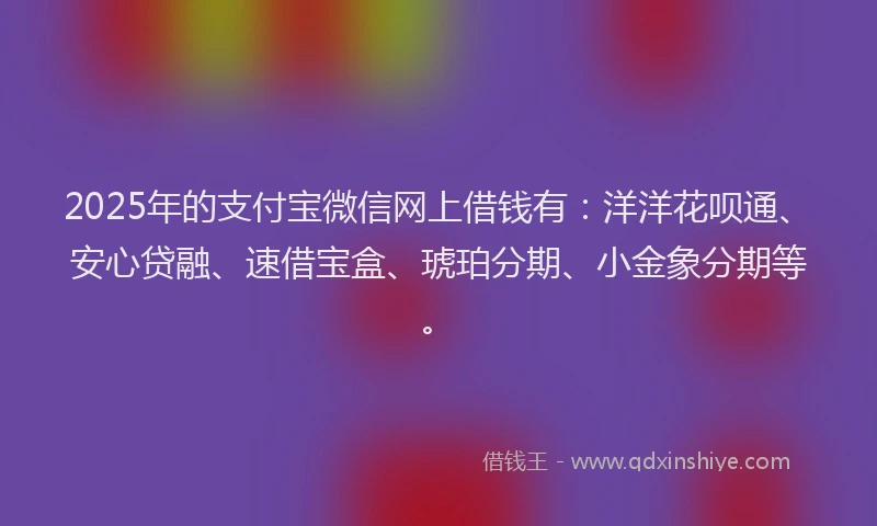 2025年的支付宝微信网上借钱有：洋洋花呗通、安心贷融、速借宝盒、琥珀分期、小金象分期等。