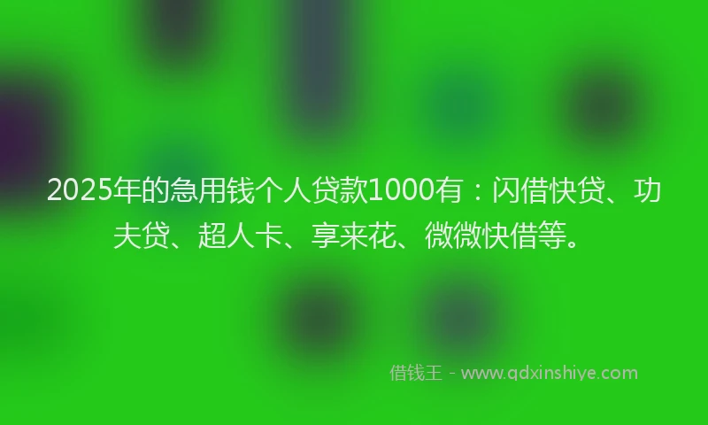 2025年的急用钱个人贷款1000有：闪借快贷、功夫贷、超人卡、享来花、微微快借等。